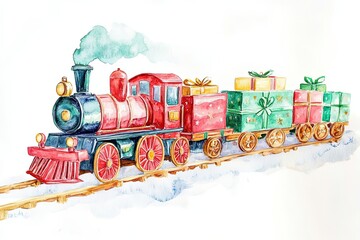 A whimsical red train carries Christmas presents on its journey