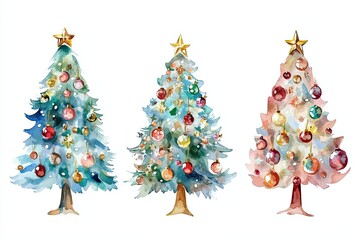 Canvas Print - Three Watercolor Christmas Trees Adorned With Ornaments