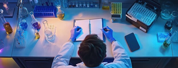 Leinwandbilder - A scientist writes in a notebook in a laboratory filled with colorful glassware.