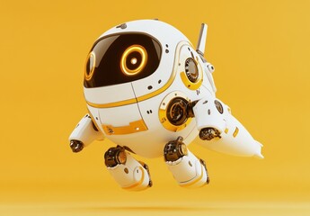 Fototapete - A cute, futuristic robot with glowing eyes, hovering against a bright yellow background.