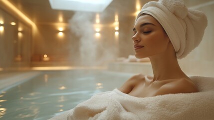 Poster - A person enjoys a moment of relaxation in a luxurious spa setting, surrounded by steam and soft lighting. The serene environment promotes calmness and rejuvenation.