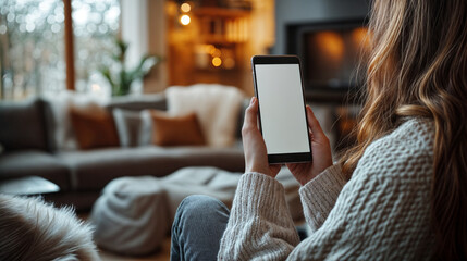A woman Uses a Smartphone with a Blank Screen Mockup in Her Home Interior.