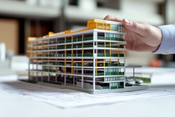 Aufkleber - A hand holds a detailed architectural model of a multi-story building.