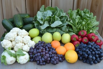 Poster - A colorful arrangement of fresh vegetables and fruits on a wooden surface.