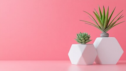 Aufkleber - Two geometric planters with succulents against a pink background, creating a modern aesthetic.