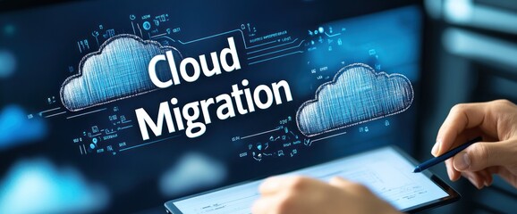 Aufkleber - Illustration of cloud migration concept with digital elements and a person using a tablet.
