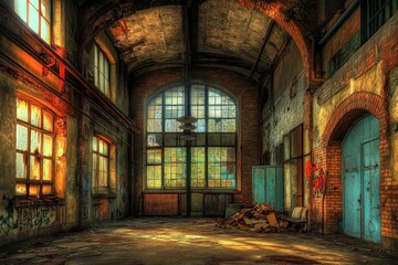 Aufkleber - An abandoned industrial space with large windows, exposed brick, and scattered debris.