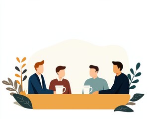 Poster - Four men engaged in a conversation around a table, each holding a cup, framed by decorative leaves and plants.