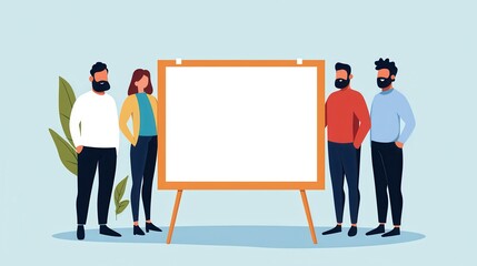 Poster - A diverse group of people stands next to a blank presentation board, set against a light blue background, ready for a discussion or presentation.