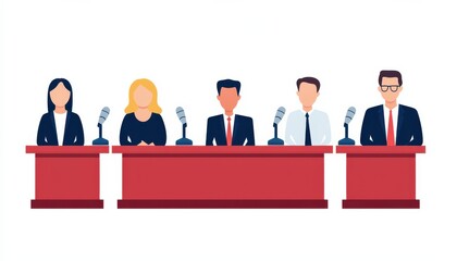 Poster - A panel of five diverse professionals seated at a table with microphones, ready for discussion or presentation.