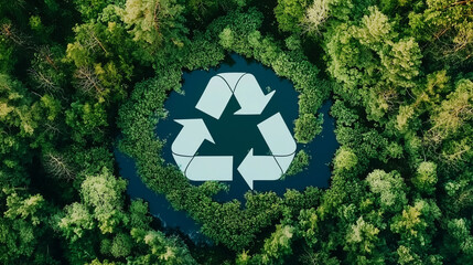 Wall Mural - recycling sign-shaped lake amid untouched green forest - aerial nature view