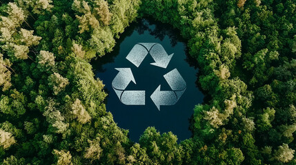 Wall Mural - recycling sign-shaped lake amid untouched green forest - aerial nature view