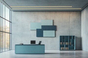 Aufkleber - Modern office interior with a minimalist design and geometric wall art.