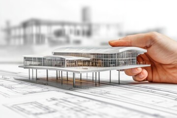 Poster - A hand holds a detailed architectural model above blueprints, showcasing design and planning.