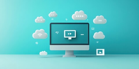 Aufkleber - Computer screen with cloud icons representing digital connectivity and services.