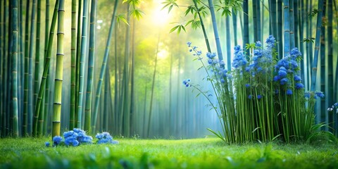 Wall Mural - Serene Bamboo Forest with Vibrant Blue Flowers at Dawn