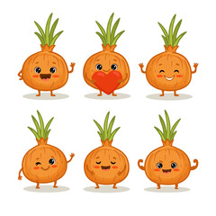 Wall Mural - set of Cute cartoon onion characters with emotions. Cute onion with smile isolated on white background. Onion in different poses. Vector illustration.