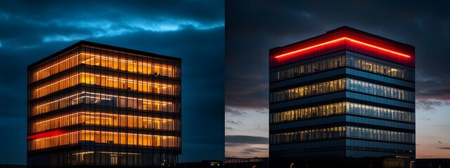 Nighttime view of two skyscrapers with lights on in downtown