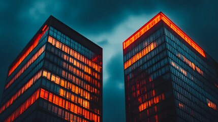 Nighttime view of two skyscrapers with lights on in downtown