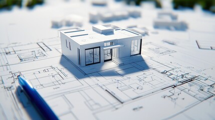 Aufkleber - A modern architectural model sits on blueprints, showcasing design details with a pen for scale, highlighting the planning process of building.