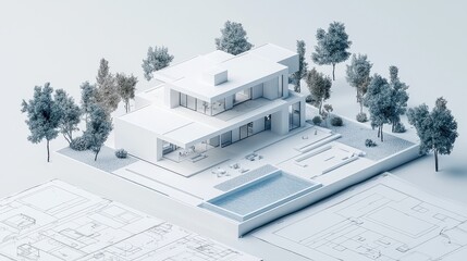 Aufkleber - A modern architectural model featuring a white house, landscaped surroundings, and a swimming pool, displayed alongside blueprints.
