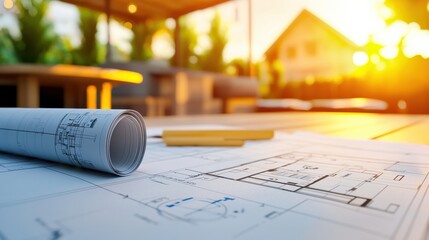 Aufkleber - A blueprint lies on a wooden surface, with a rolled plan beside it, set against a backdrop of a sunset and greenery.