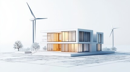 Aufkleber - A modern, eco-friendly house design surrounded by wind turbines, showcasing sustainable architecture in a snowy landscape.