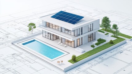 Aufkleber - A modern house design featuring solar panels, a pool, and landscaped surroundings, set against a blueprint background.