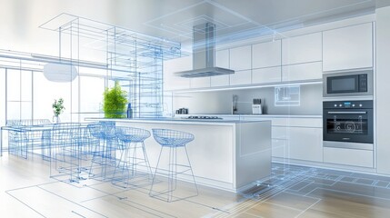 Aufkleber - A modern kitchen design featuring a spacious layout, sleek cabinetry, and a blend of natural light and greenery, represented in a digital or conceptual style.