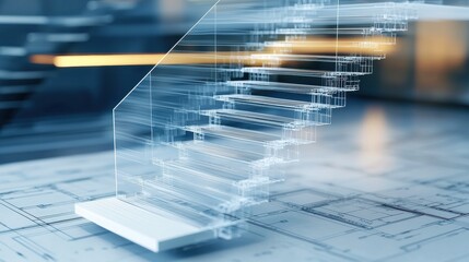 Aufkleber - A transparent staircase model on a blueprint background, showcasing a modern architectural design and innovative construction techniques.