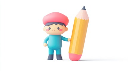 Fototapete - A cute character stands next to a large pencil, symbolizing creativity and learning.
