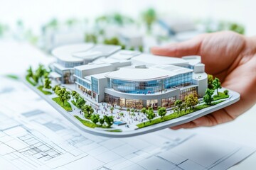 Poster - A hand holds a detailed architectural model of a modern building with surrounding landscaping.