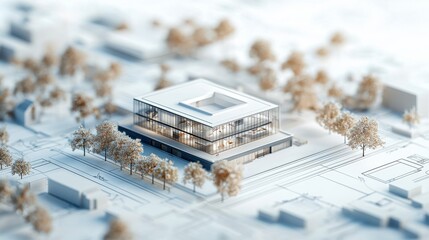 Aufkleber - 3D model of a modern home layout displayed on architectural blueprints, A modern architectural model showcases a sleek building surrounded by trees and urban layouts, emphasizing design and planning.