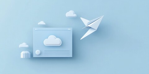 Poster - A minimalist design featuring a cloud interface, paper airplane, and whimsical clouds.
