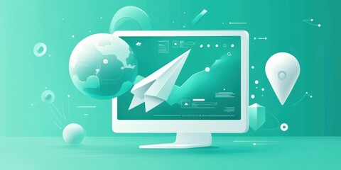Aufkleber - A digital illustration featuring a computer screen with a paper airplane, globe, and abstract shapes.