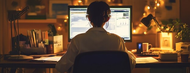 Aufkleber - A focused individual working late at a desk with a computer and warm ambient lighting.