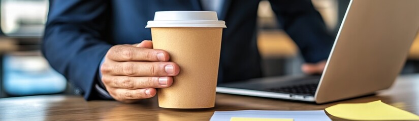 Poster - A person holding a coffee cup near a laptop on a desk, suggesting a work environment.