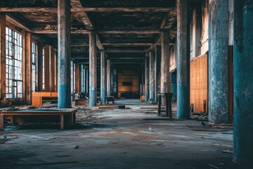 Poster - A dimly lit, abandoned industrial space with tall pillars and scattered debris.