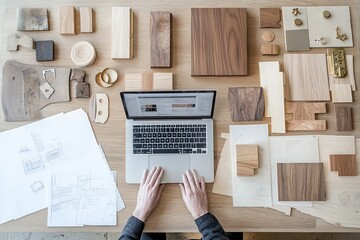 Poster - A workspace with wood samples, sketches, and a laptop, showcasing design and creativity.