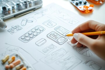 Poster - A hand sketches various medication and pill designs on paper with colored pencils.