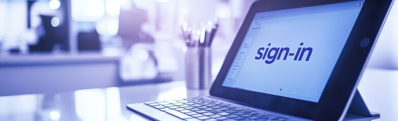 Poster - A tablet displaying a sign-in screen, set on a desk with writing utensils in the background.
