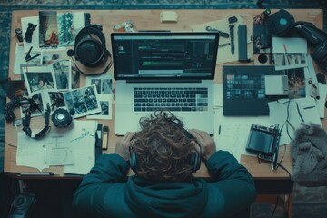 Aufkleber - A person working at a cluttered desk with headphones, focused on a laptop screen.