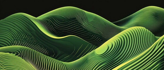 Poster - Abstract wavy landscape in green tones, showcasing fluid lines and organic forms.