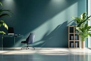 Poster - Modern office space with a desk, chair, and plants, emphasizing a serene work environment.