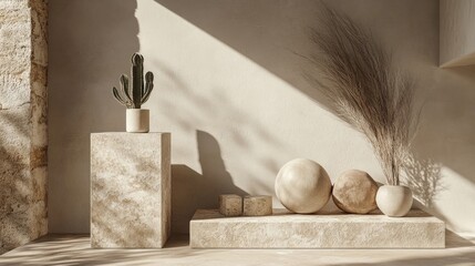 Poster - A serene display of natural elements and textures in a minimalist interior setting.