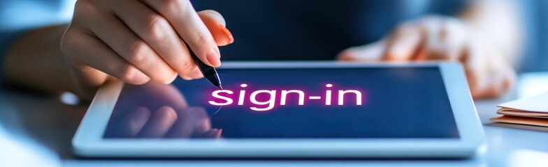 Leinwandbilder - A hand using a stylus to sign in on a tablet screen displaying the word 