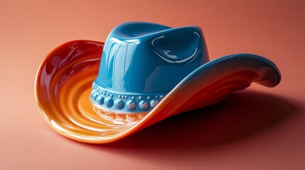 Aufkleber - A sculptural representation of a cowboy hat combines bright blue and orange colors, featuring a smooth, glossy finish with decorative accents.