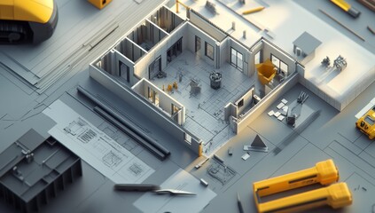 Aufkleber - A 3D model of a construction site with tools and a partially built room layout.