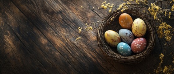 Happy easter, Easter painted eggs in the basket on wooden rustic table for your decoration in holiday. with copy space