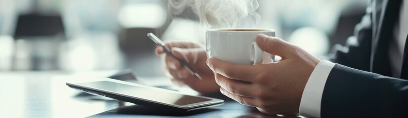 Poster - A person in a suit enjoying a steaming cup of coffee while holding a pen and a tablet.